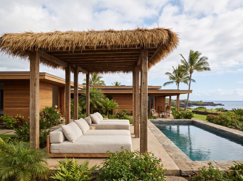 Thatched Timber Pergola with Cushioned Daybeds