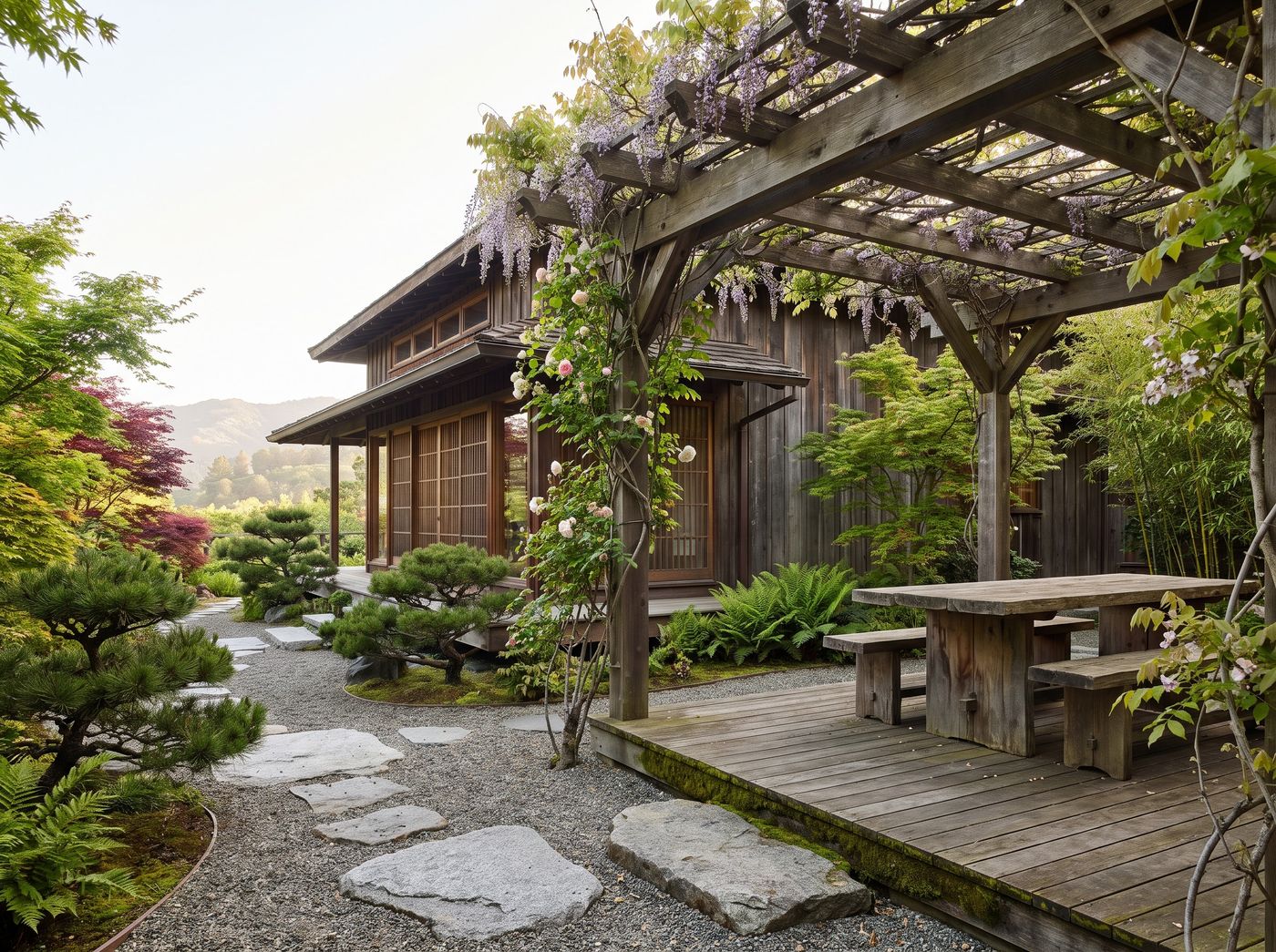 Timber Dining Pergola Draped with Wisteria