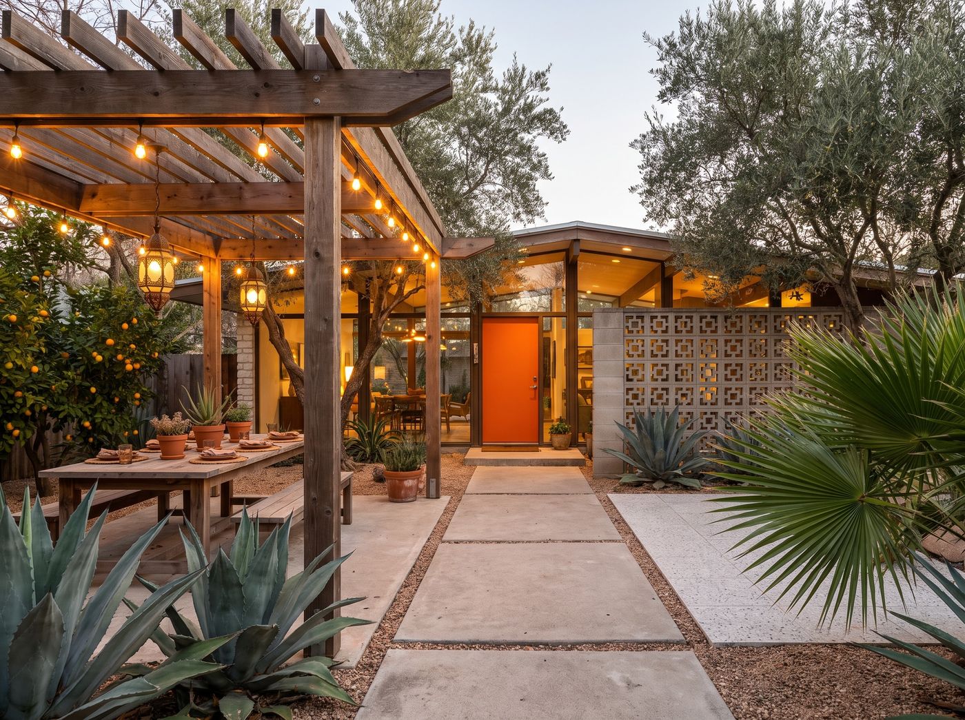 Timber Dining Pergola with Hanging Lanterns
