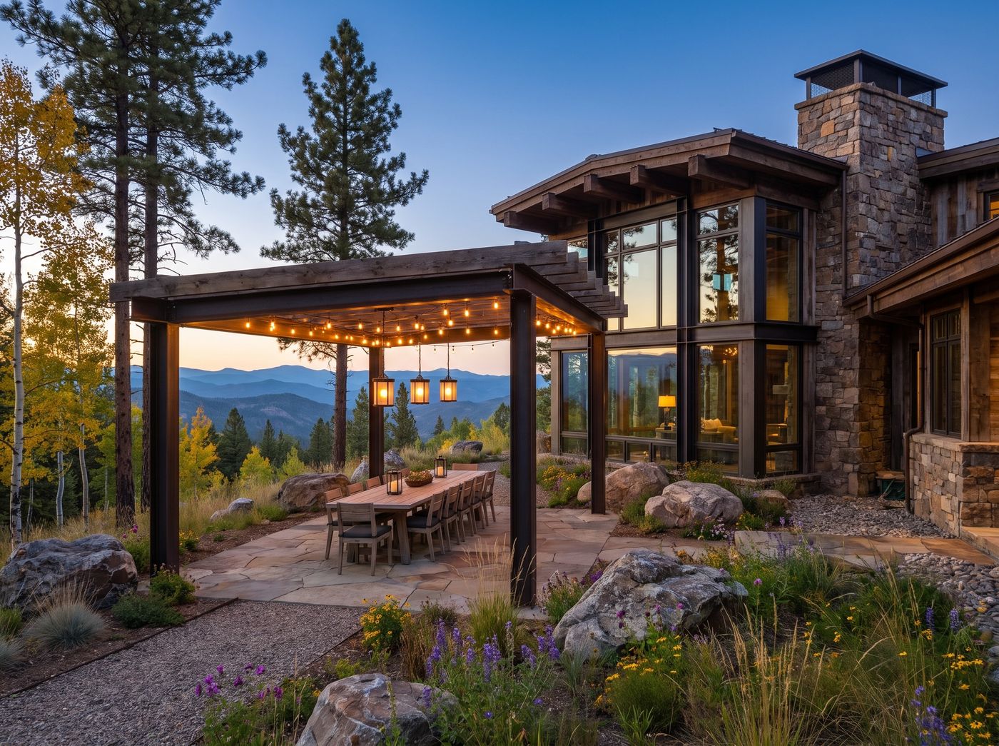 Timber Dining Pergola with Hanging Lanterns