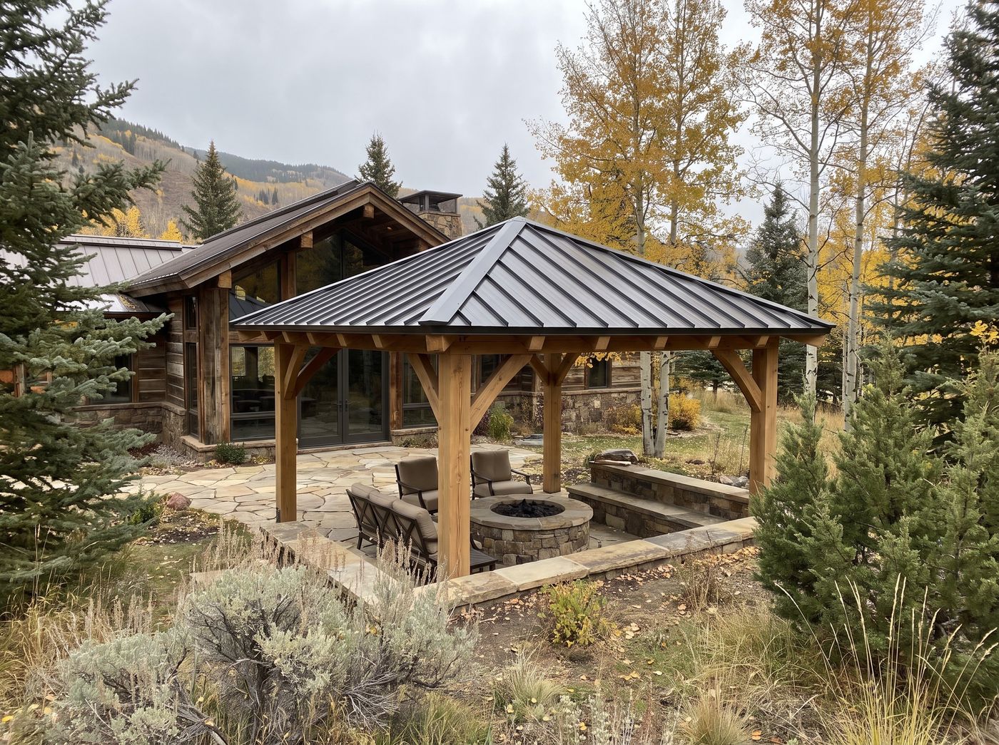 Timber Gazebo Sheltering Stone Fire Pit