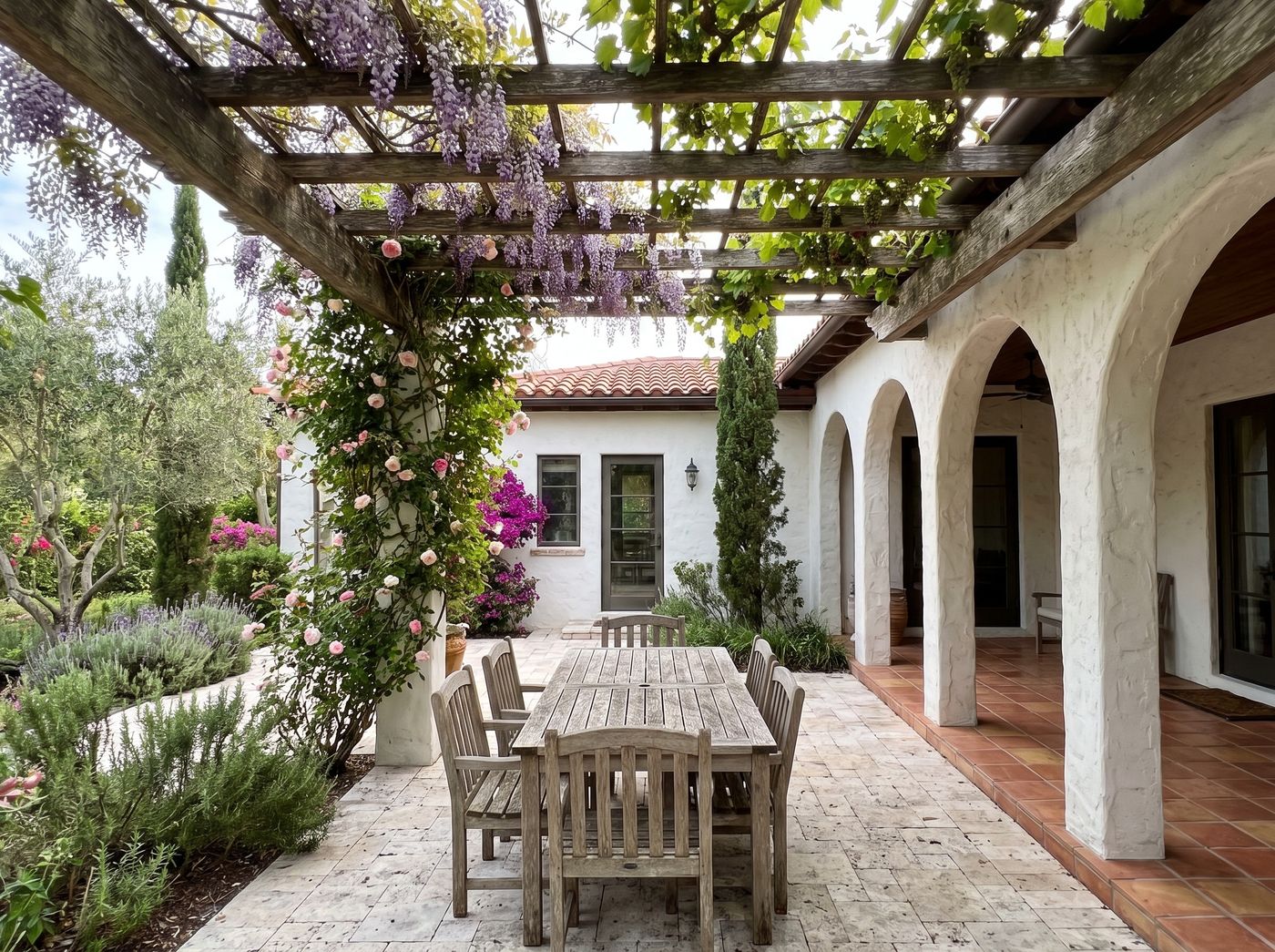 Timber Pergola Covered with Flowering Wisteria