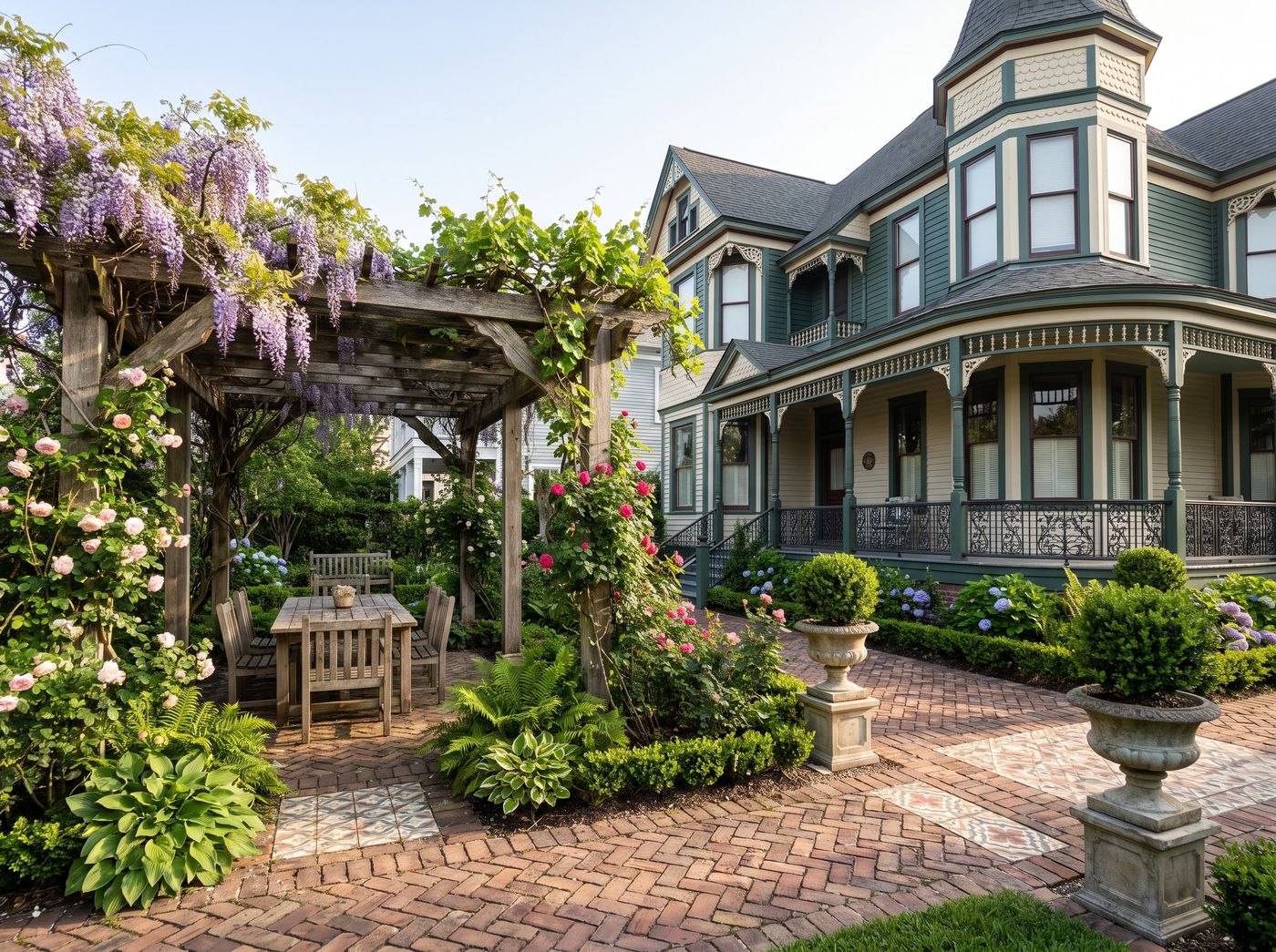 Timber Pergola Draped in Blooming Wisteria