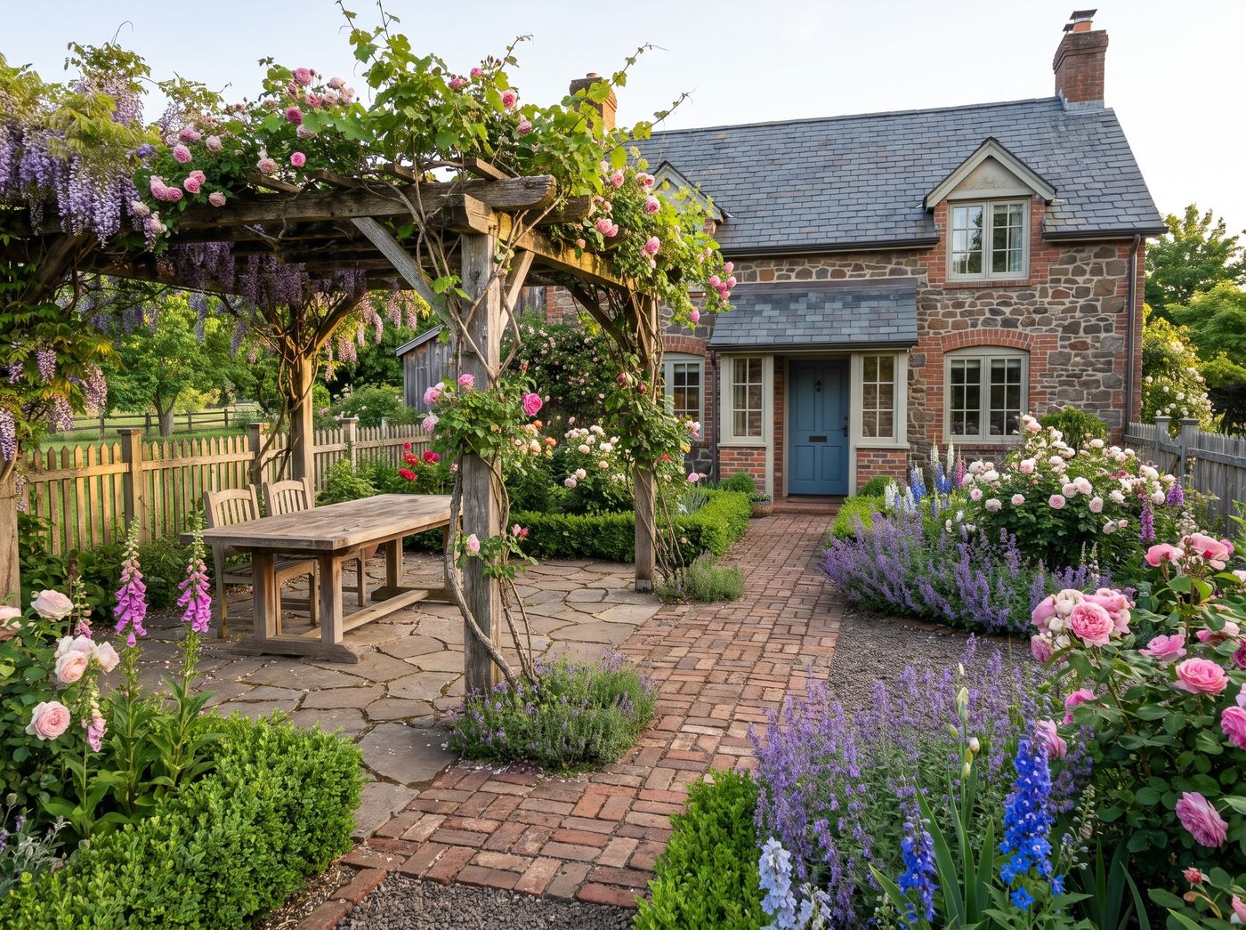 Timber Pergola Draped with Climbing Roses