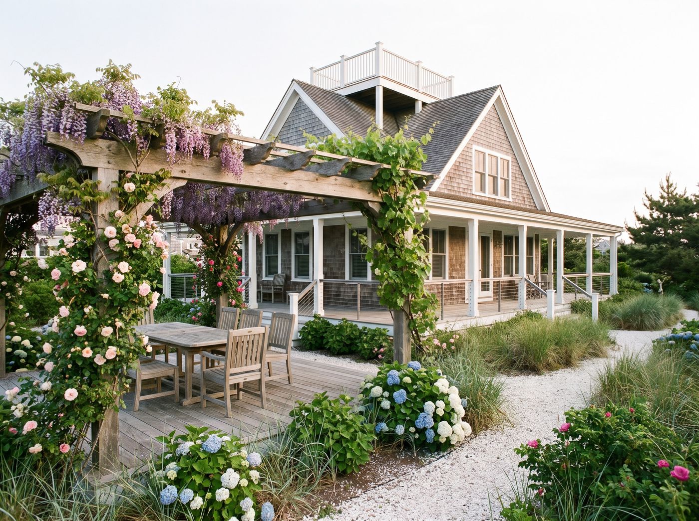 Timber Pergola Draped with Flowering Vines