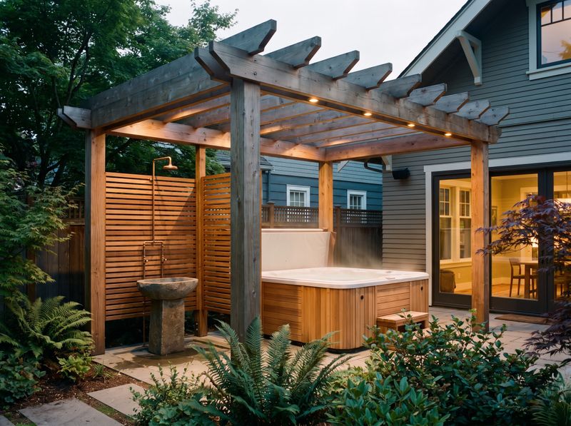 Timber Pergola Sheltering Hot Tub and Shower