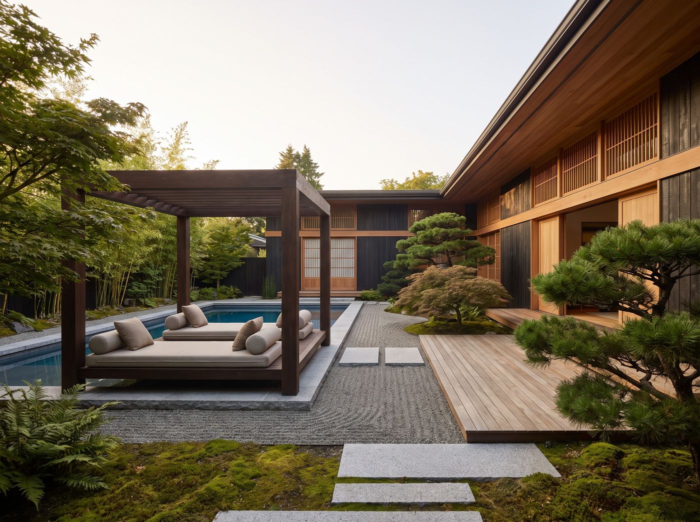 Timber Pergola Sheltering Poolside Daybeds