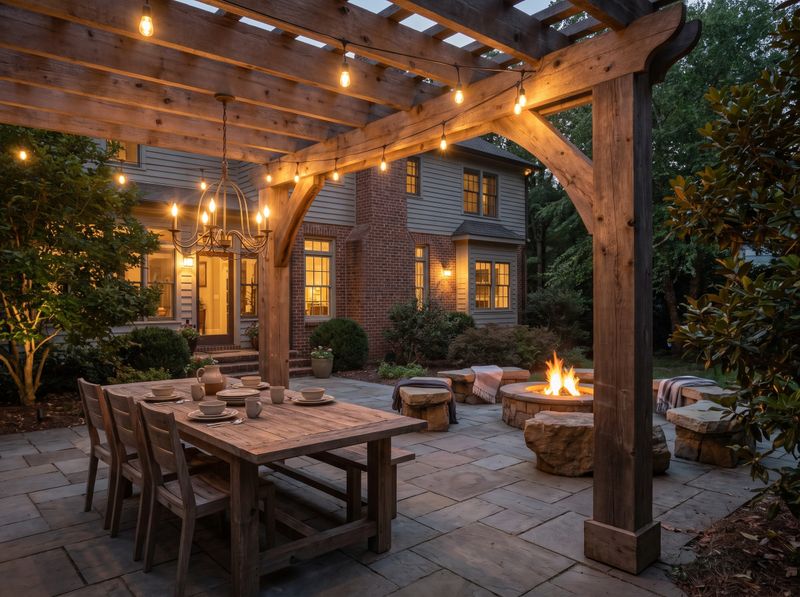 Timber Pergola Sheltering Stone Dining Patio