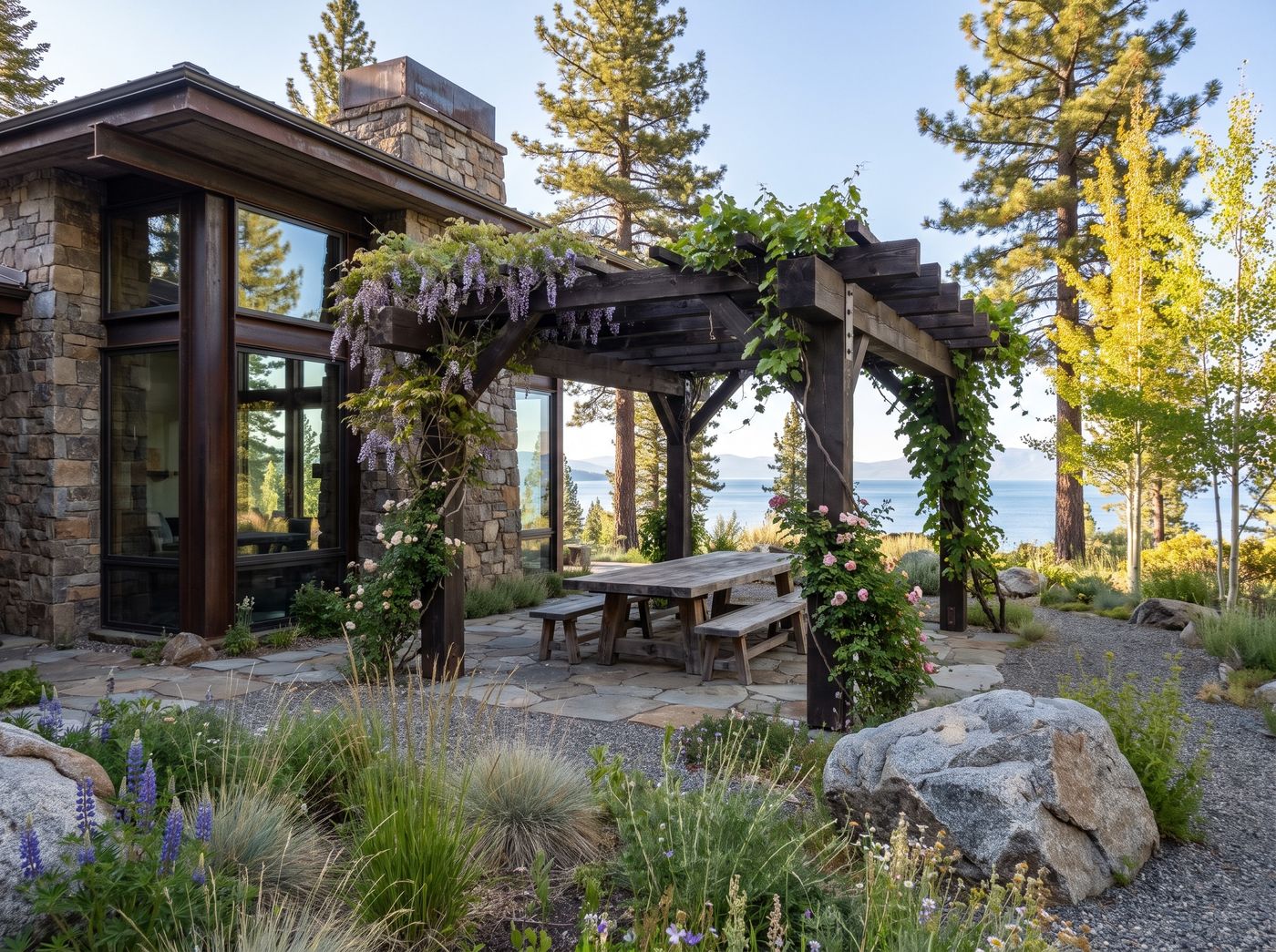 Timber Pergola with Blooming Wisteria