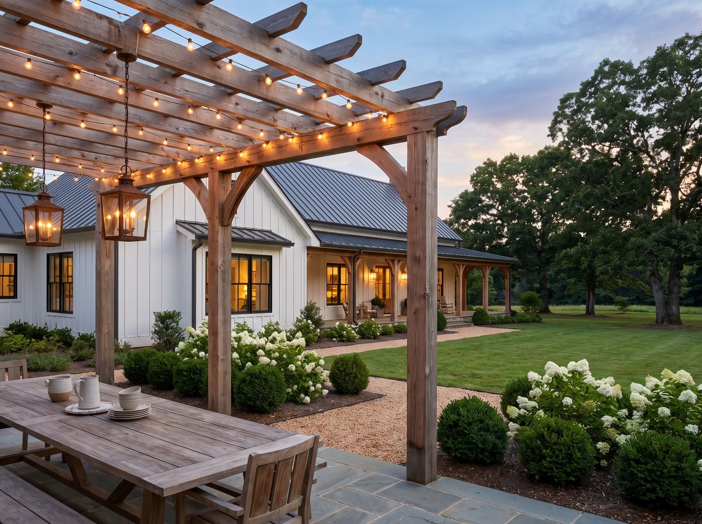 Timber Pergola with Glowing String Lights