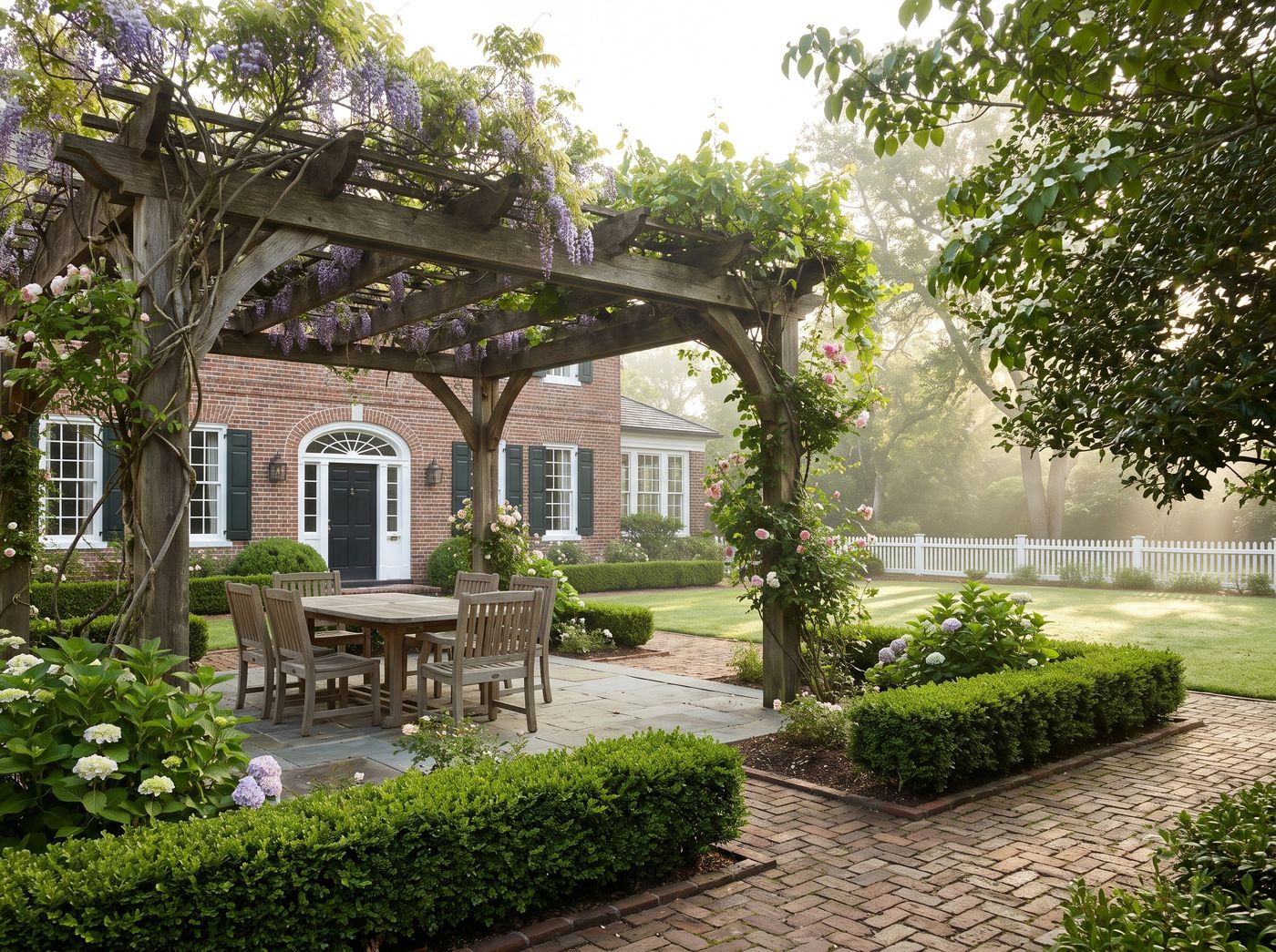 Timber Pergola with Wisteria and Climbing Roses