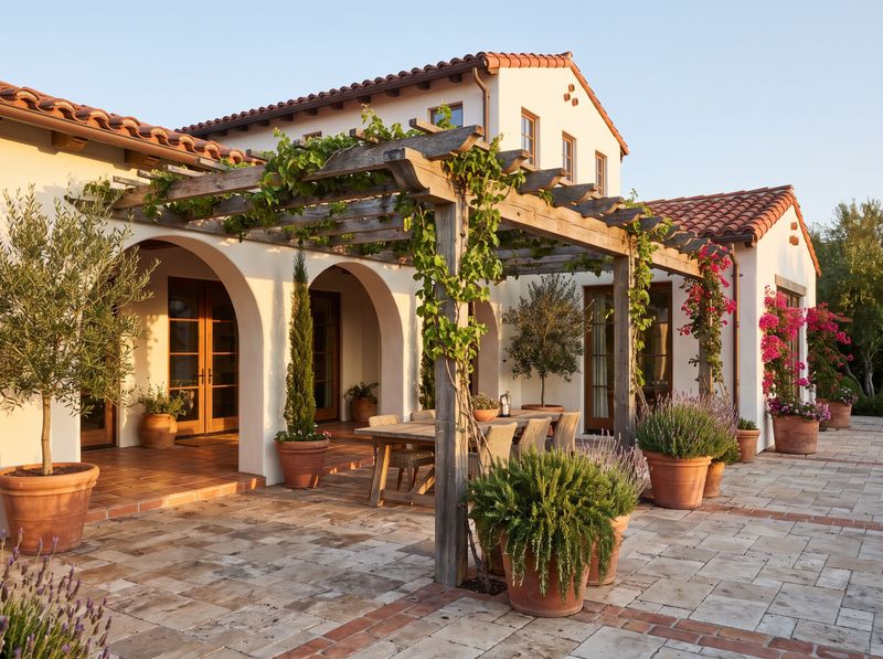 Vine-Covered Attached Pergola Over Patio Dining