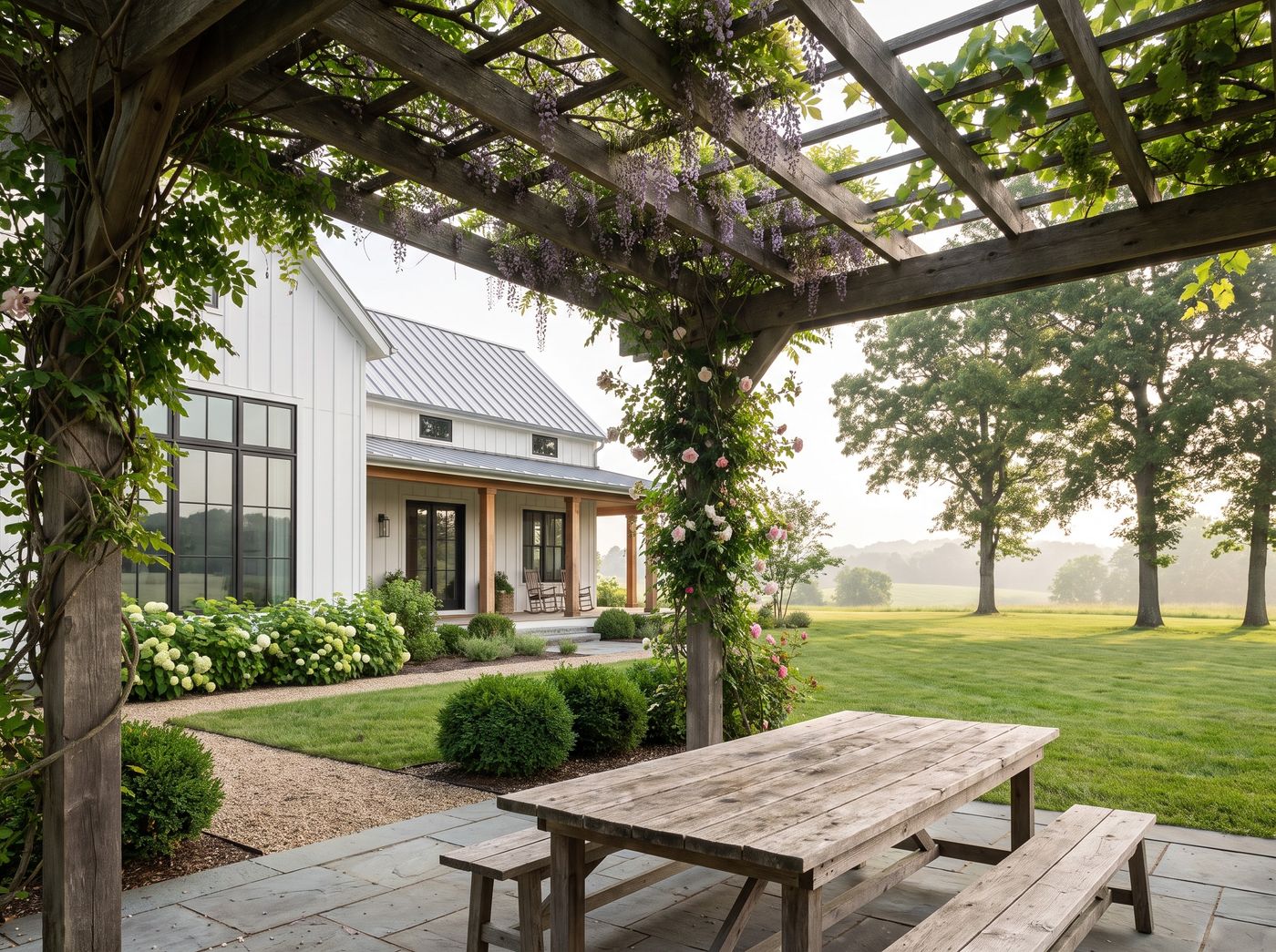 Vine-Covered Pergola Beside Modern Farmhouse