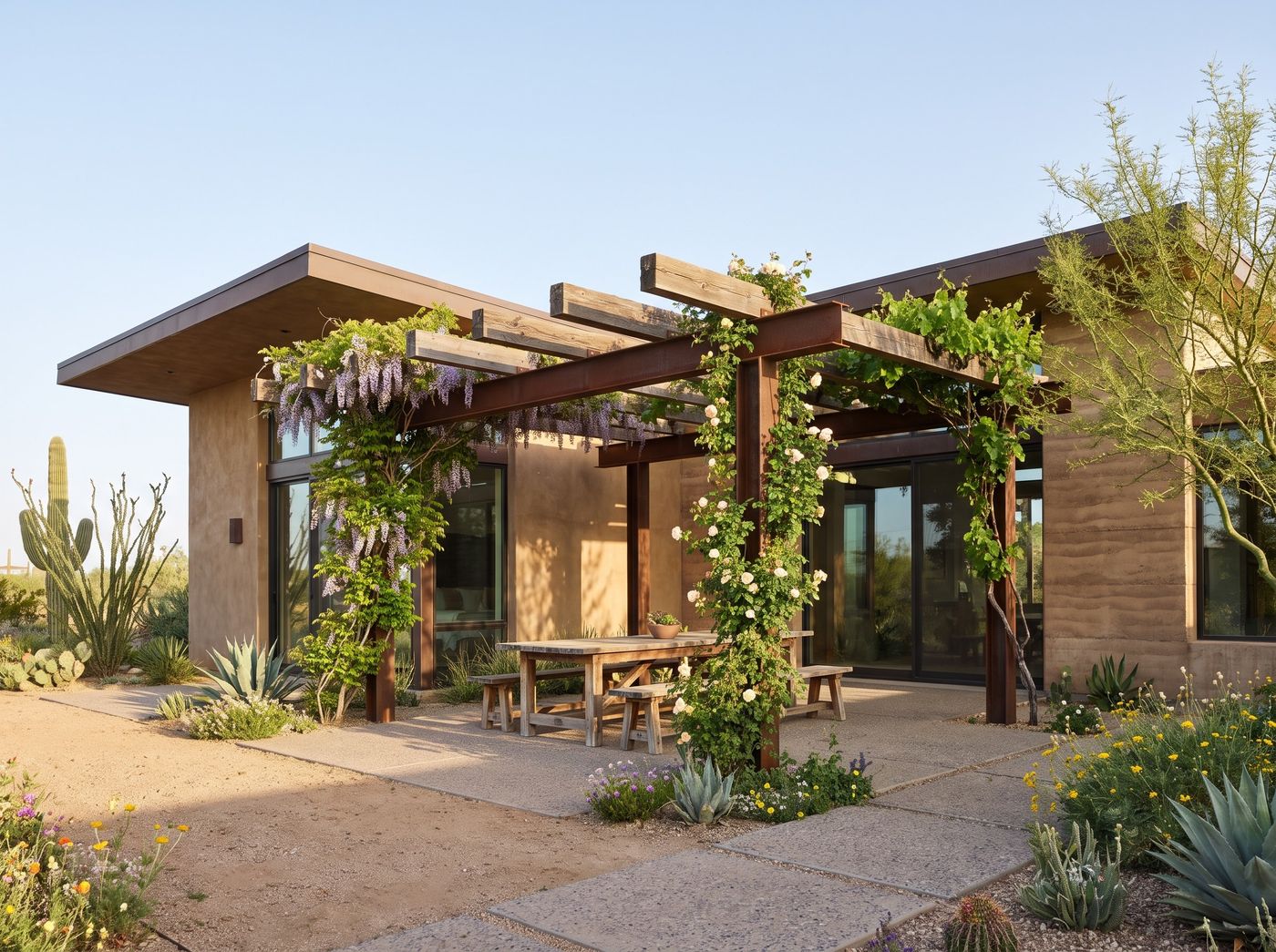 Vine-Covered Timber Pergola over Desert Patio