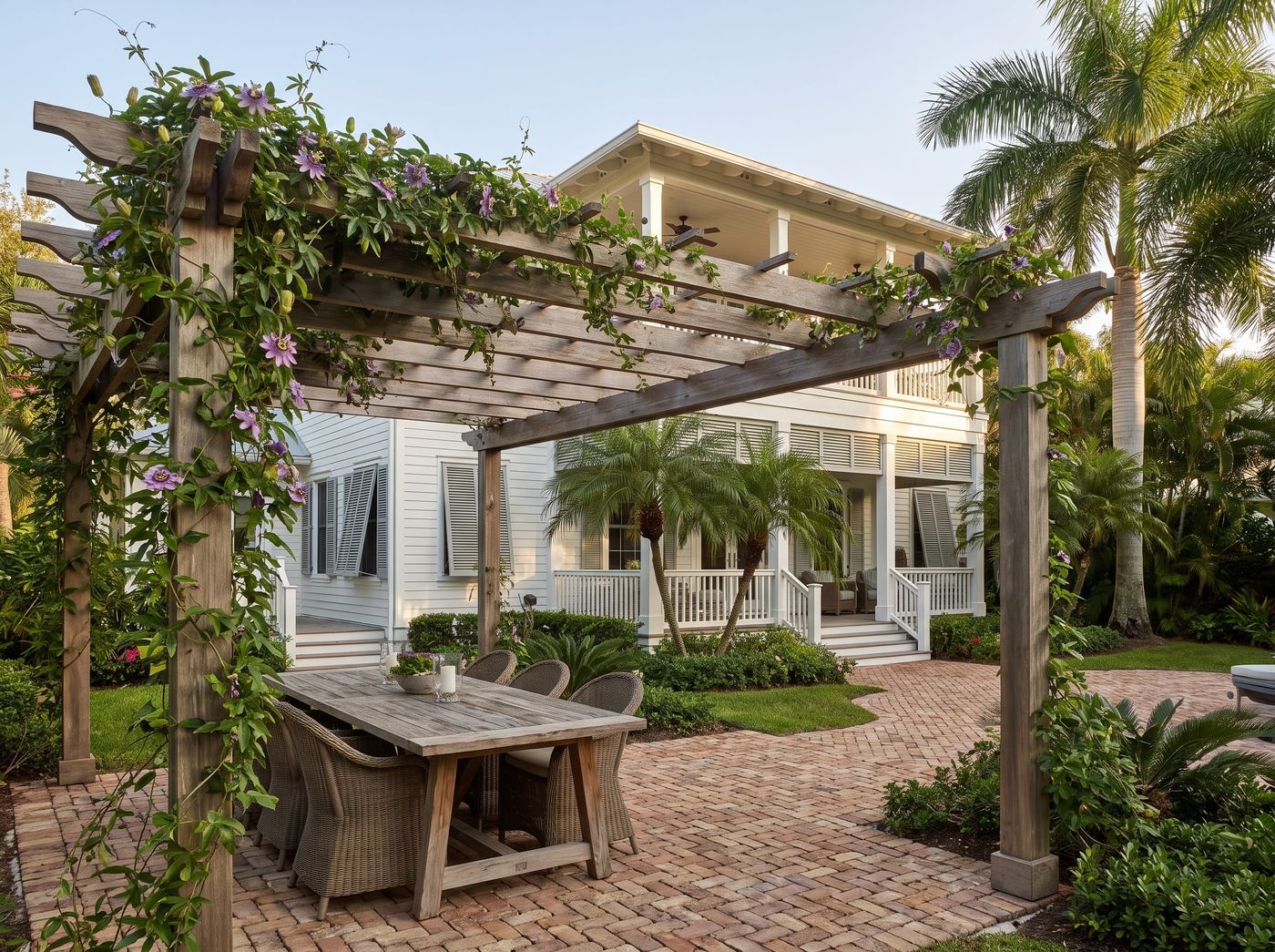 Vine-Covered Wooden Pergola on Brick Patio