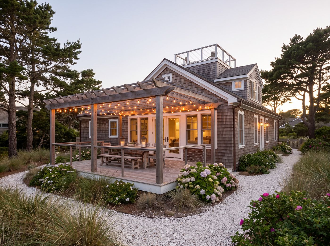 Weathered Timber Pergola with String Lights