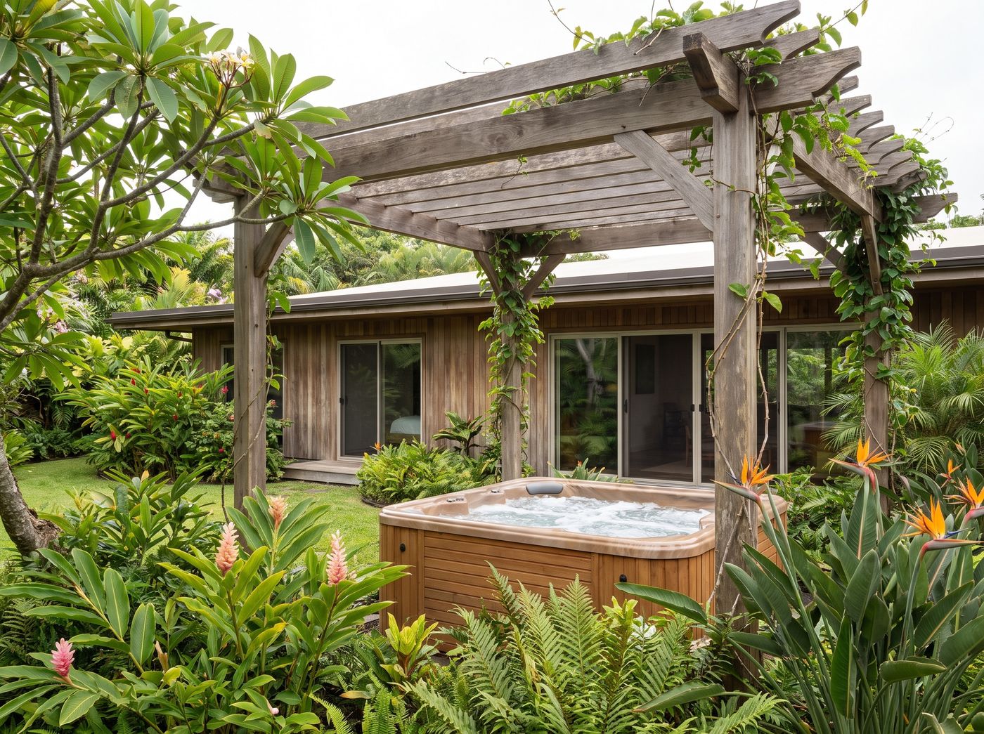 Weathered Wood Pergola Framing Garden Spa