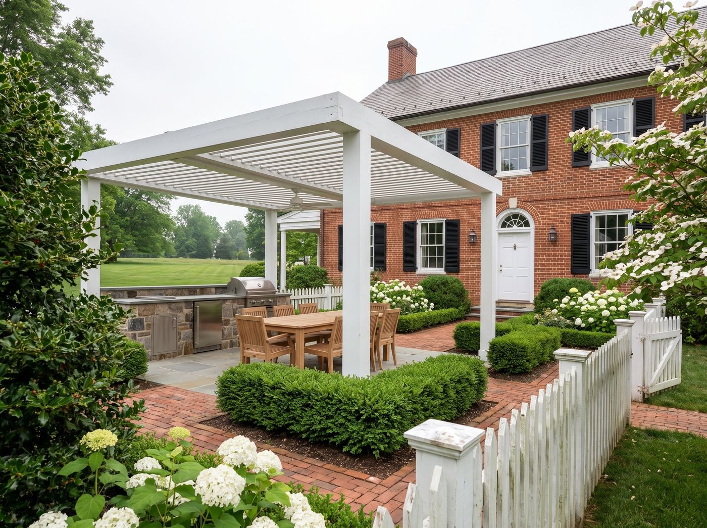 White Louvered Pergola with Outdoor Kitchen