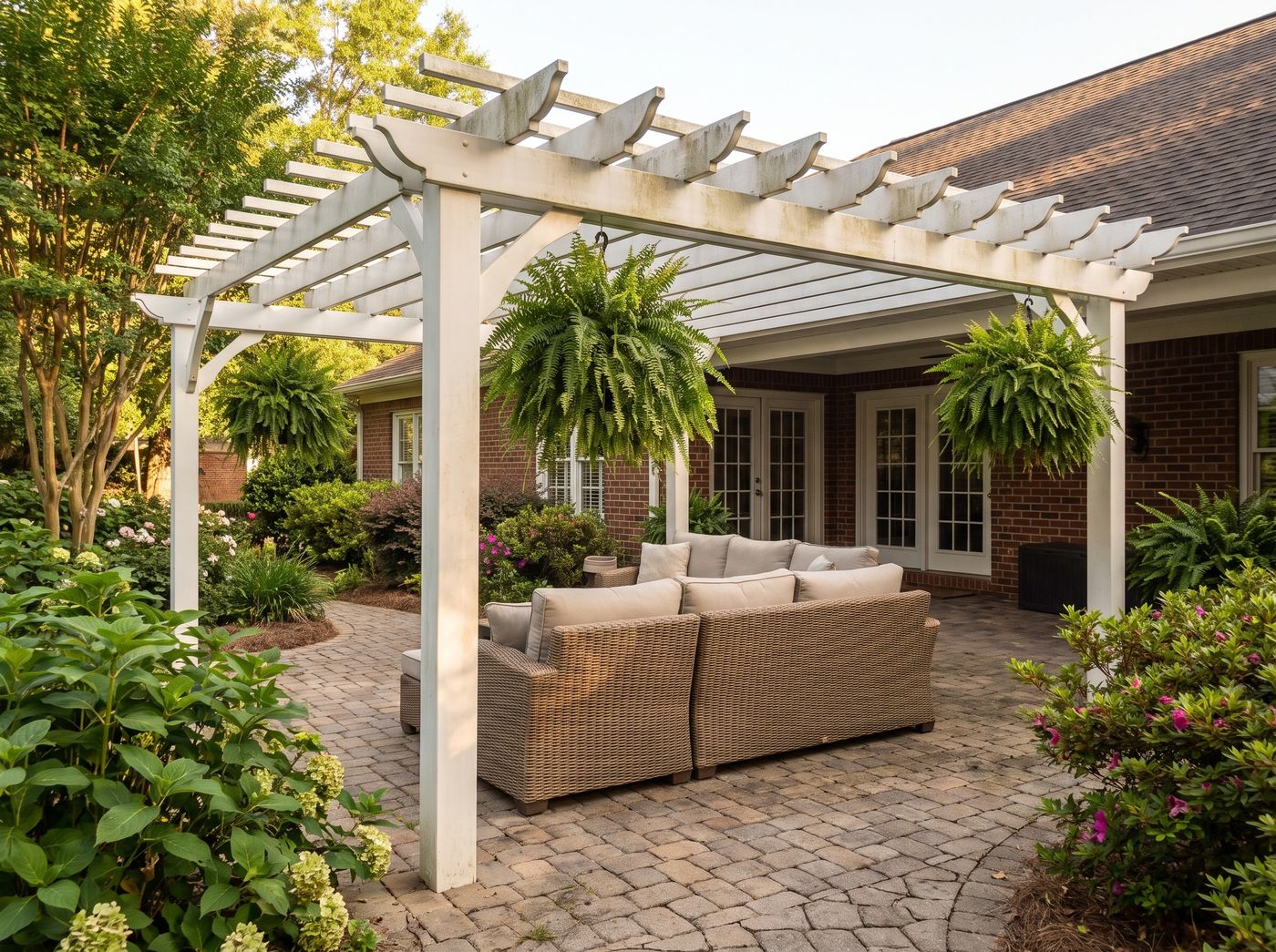 White Pergola with Hanging Ferns