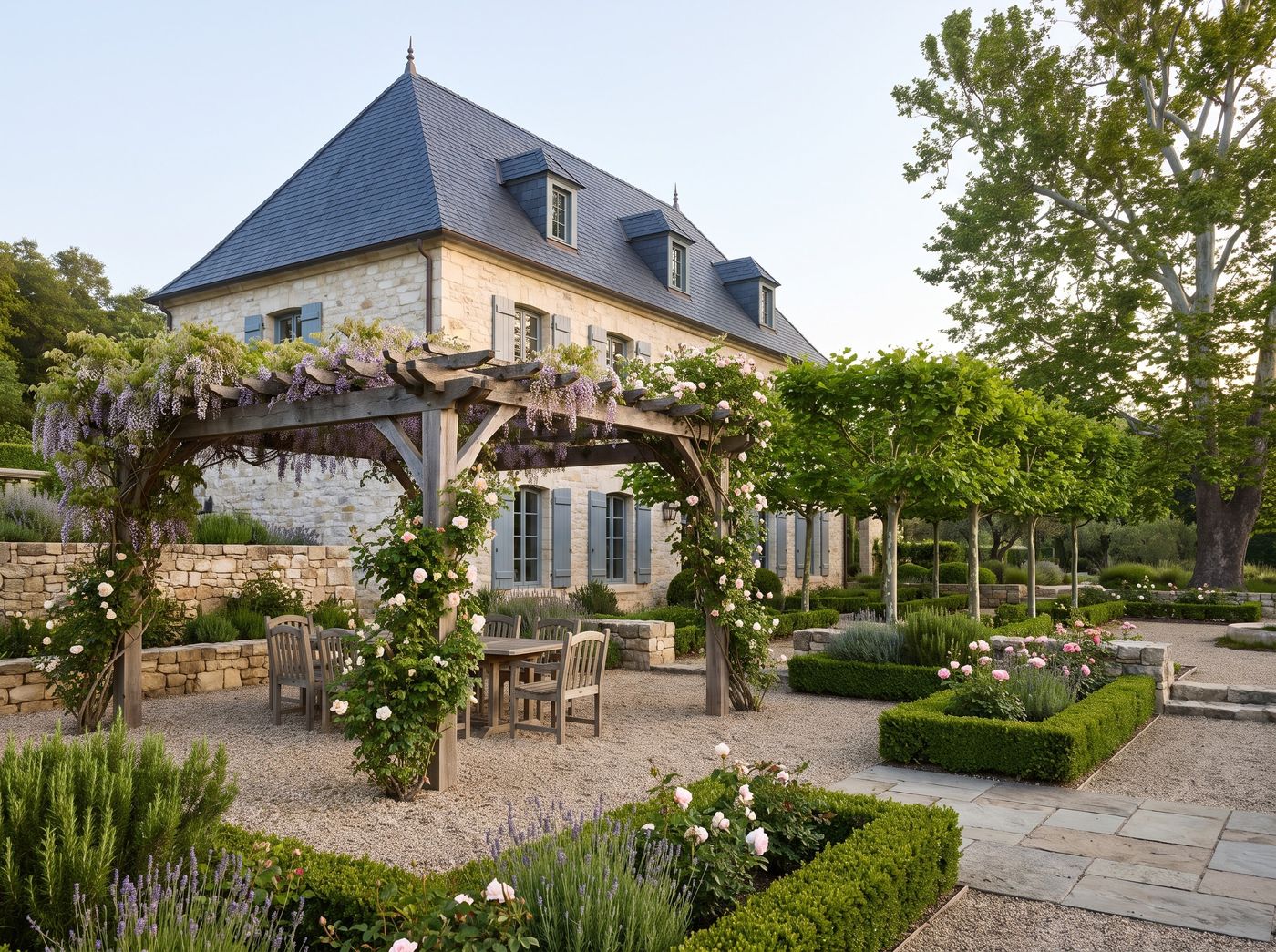 Wisteria-Covered Timber Pergola on Gravel Terrace