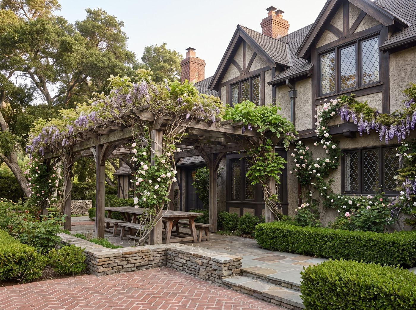 Wisteria-Draped Timber Pergola over Stone Patio