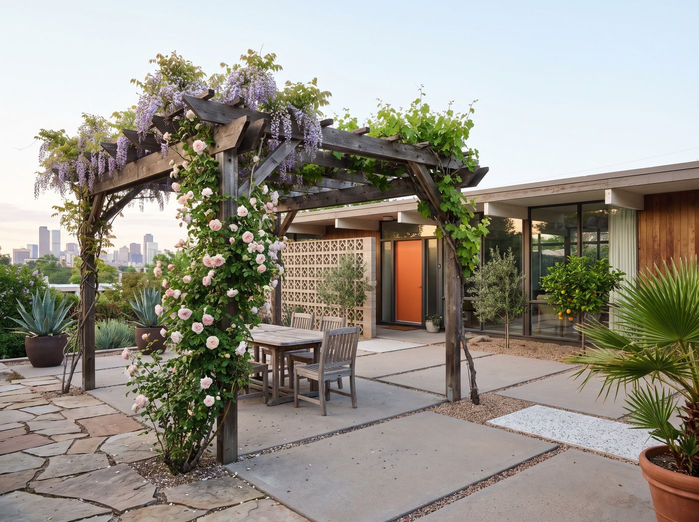 Wood Pergola Wrapped in Climbing Roses