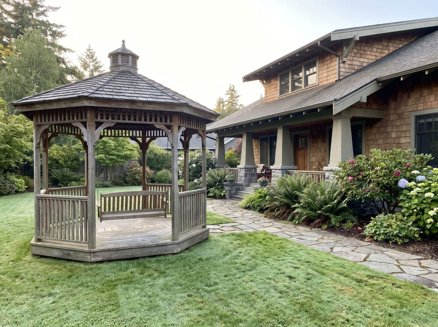 Wooden Gazebo with Hanging Bench Swing