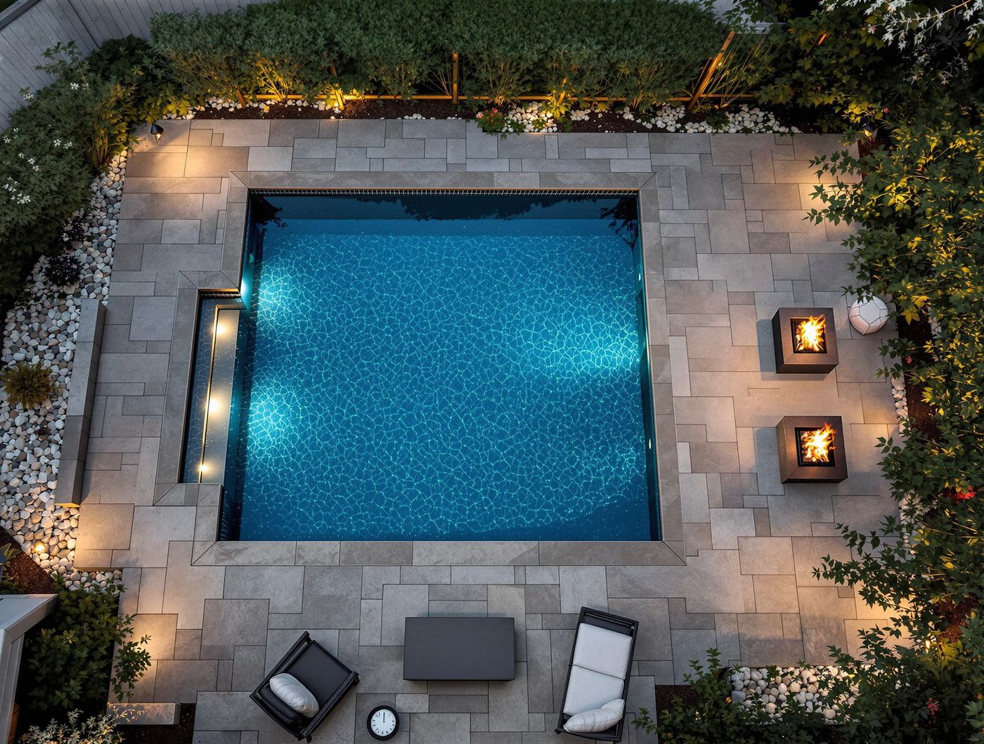 Sunken Square Pool with Fire Bowls