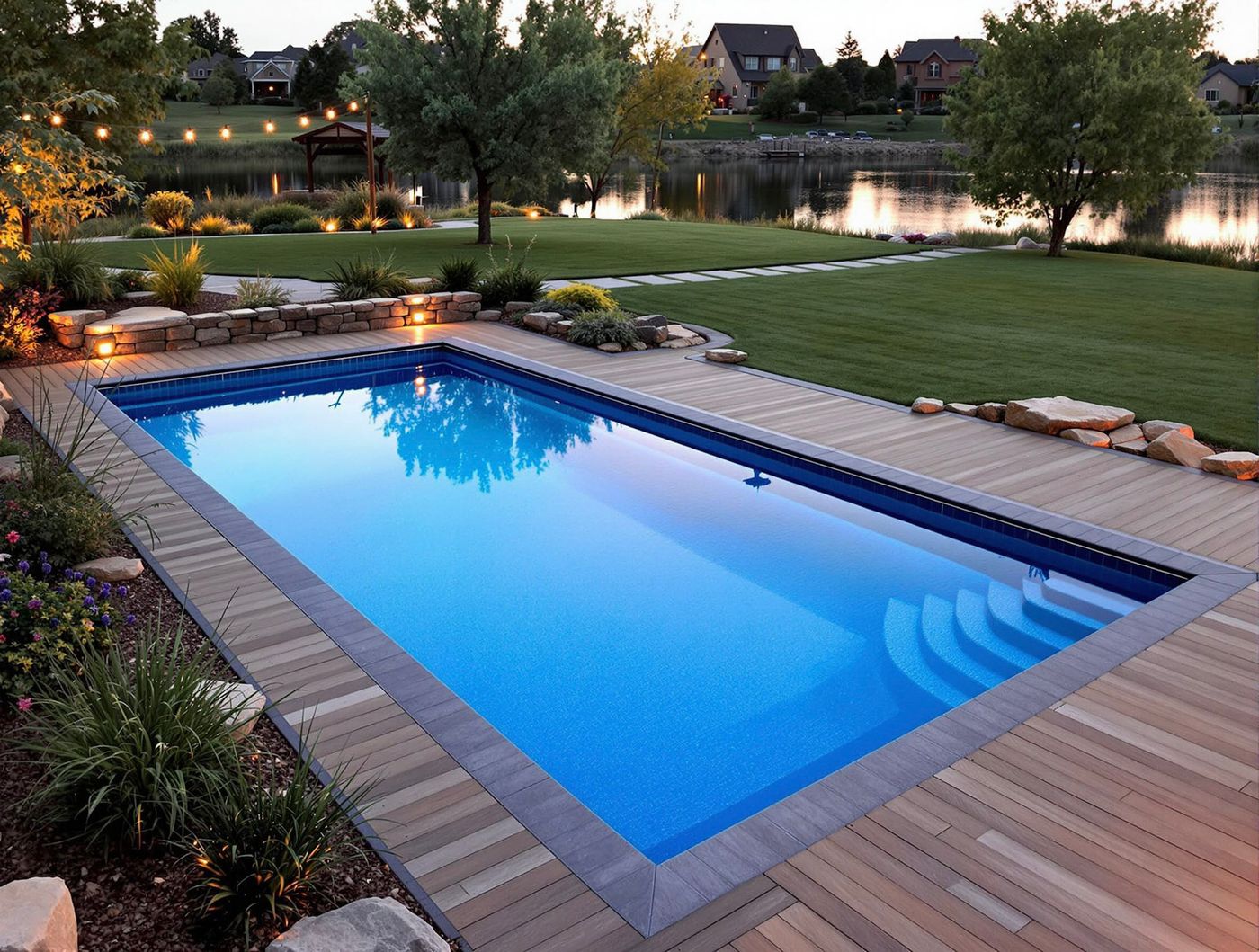 Rectangular Pool with Wood Deck at Twilight