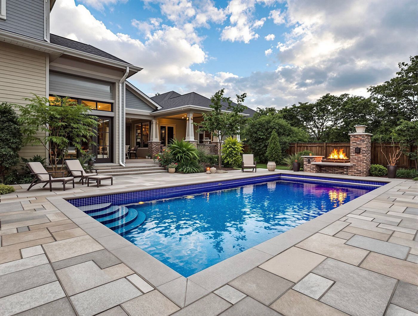 Rectangular Pool with Stone Fireplace