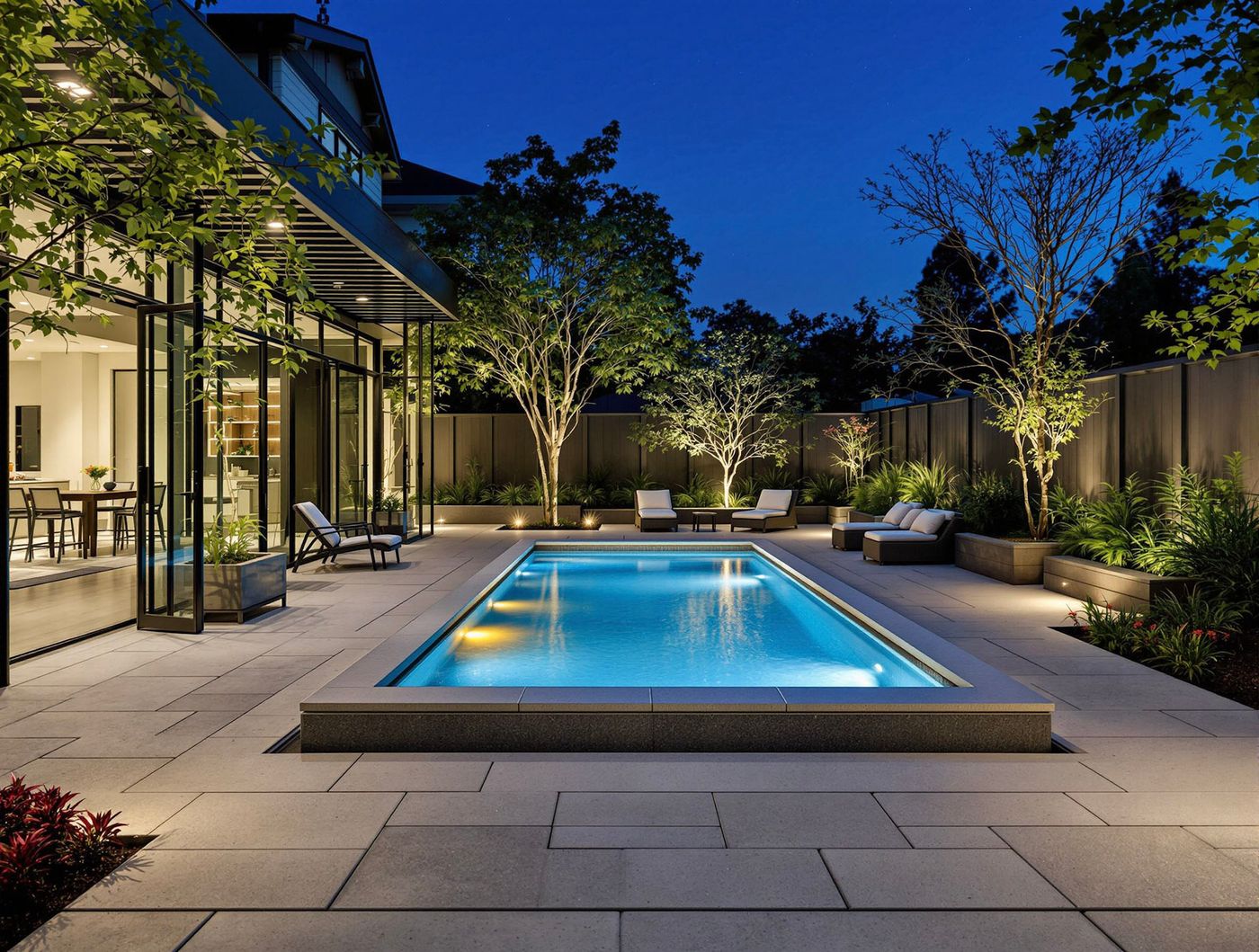 Illuminated Pool Beside a Glass-Walled Home