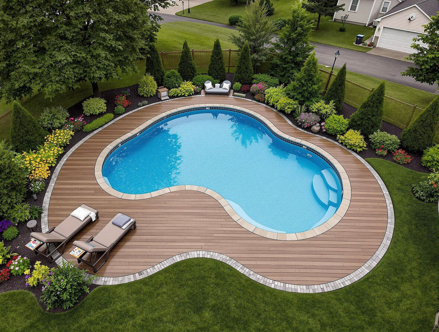 Aerial View of Freeform Pool with Wood Deck