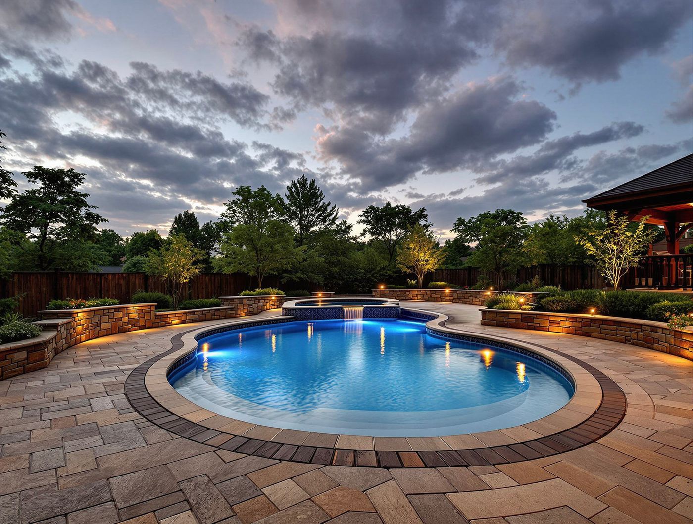 Freeform Pool with Raised Stone Spa Waterfall