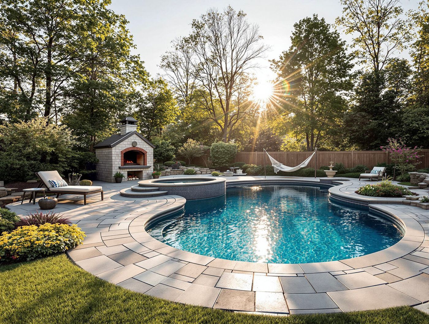 Round Pool with Spa and Stone Pizza Oven