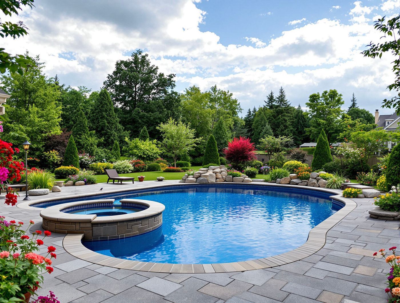 Round Pool with Rock Waterfall and Flower Borders