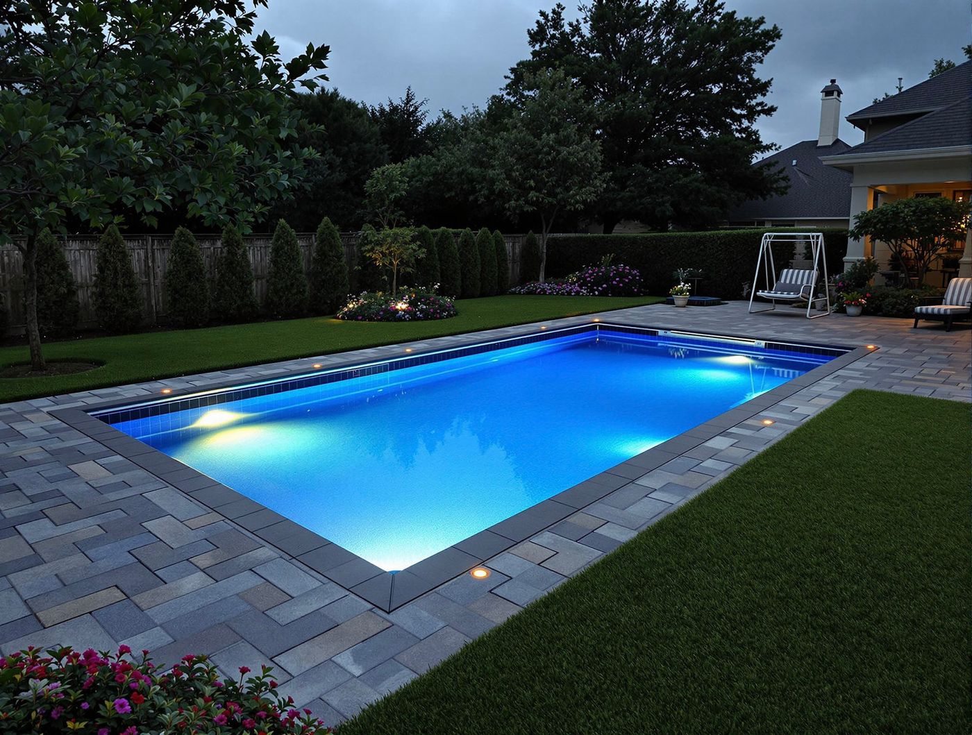 Rectangular Pool with Paver Deck at Dusk