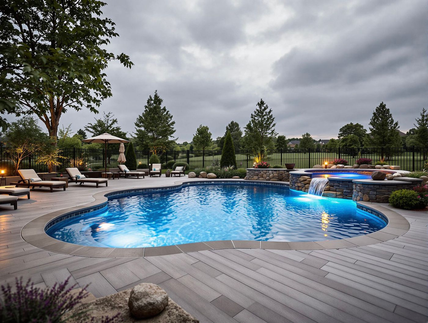 Freeform Pool with Stone Wall Spa on Overcast Evening