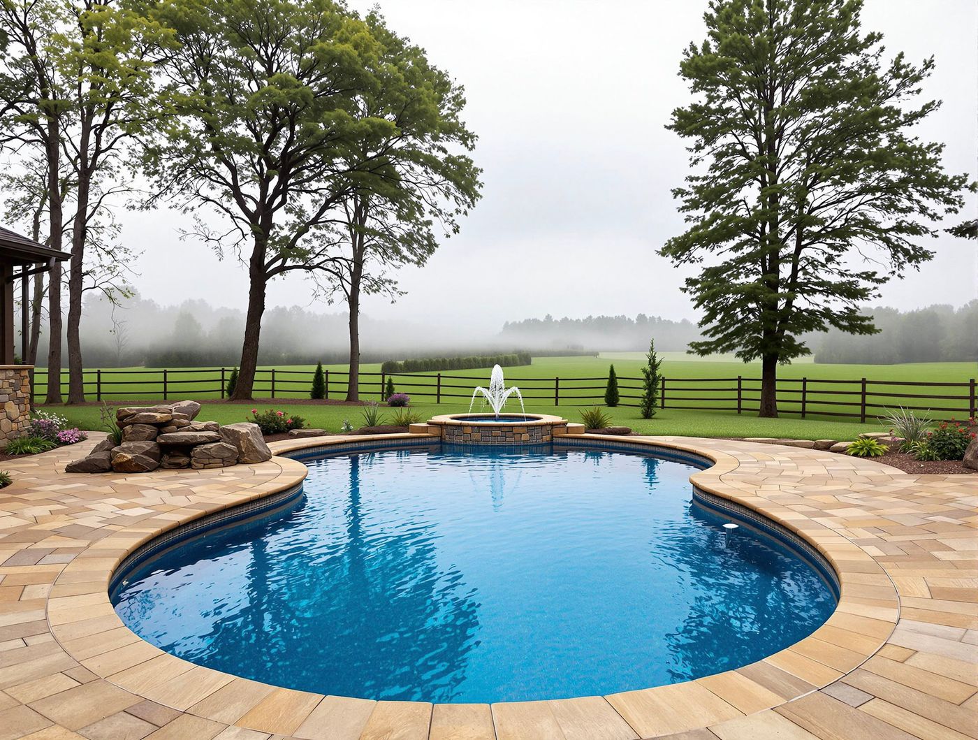 Round Pool with Fountain Spa in Misty Countryside