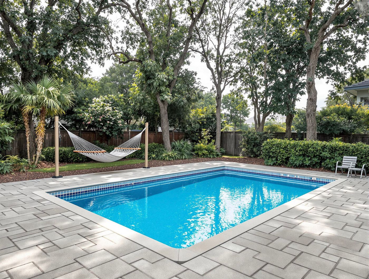 Rectangular Pool with Hammock Among the Trees