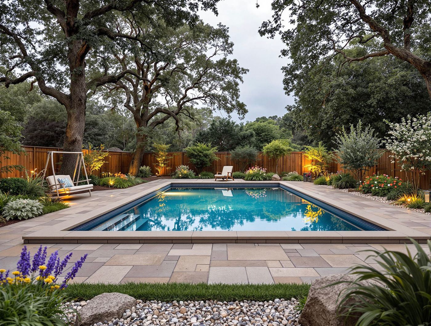 Rectangular Pool Framed by Oak Trees at Dusk