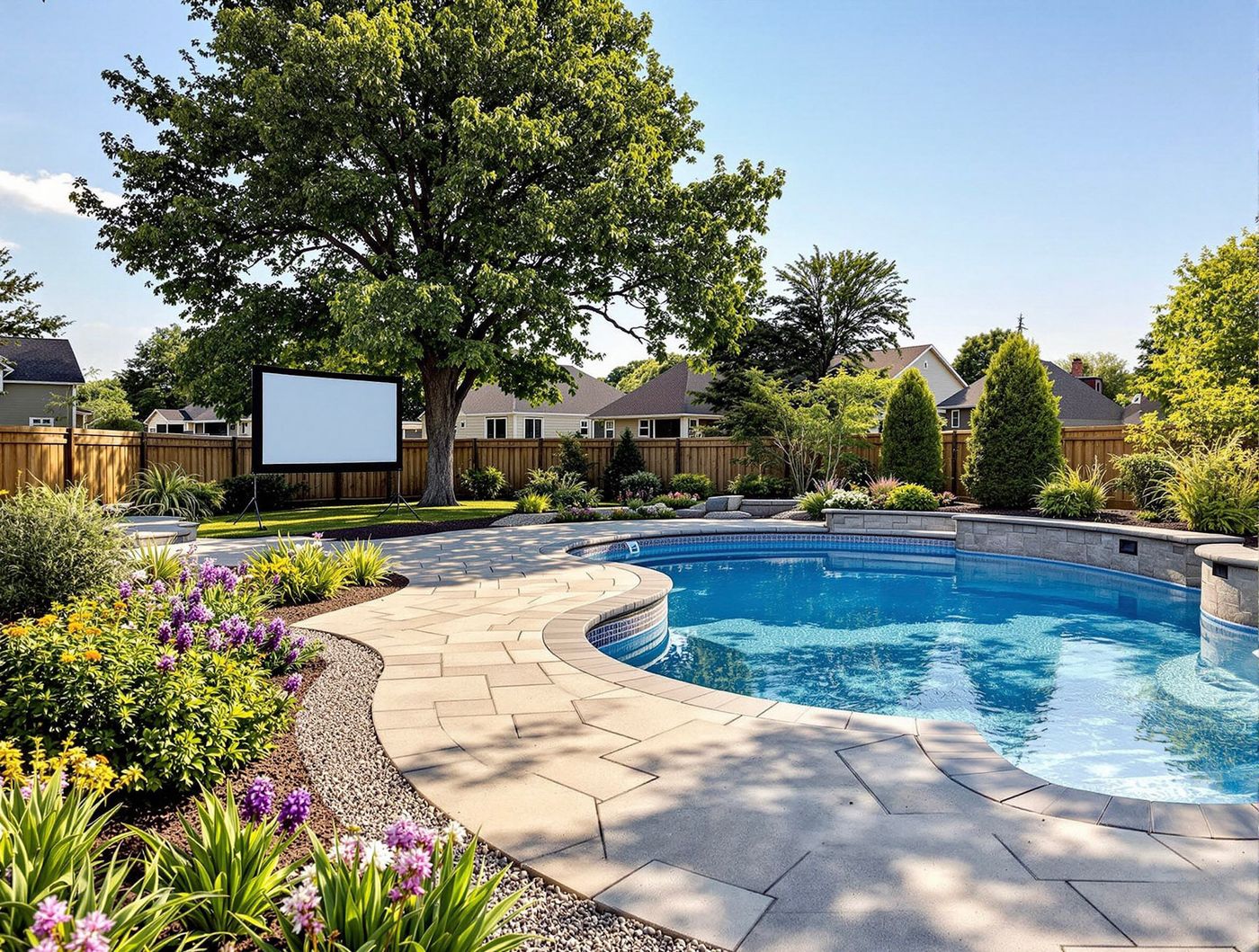 Freeform Pool with Outdoor Movie Screen
