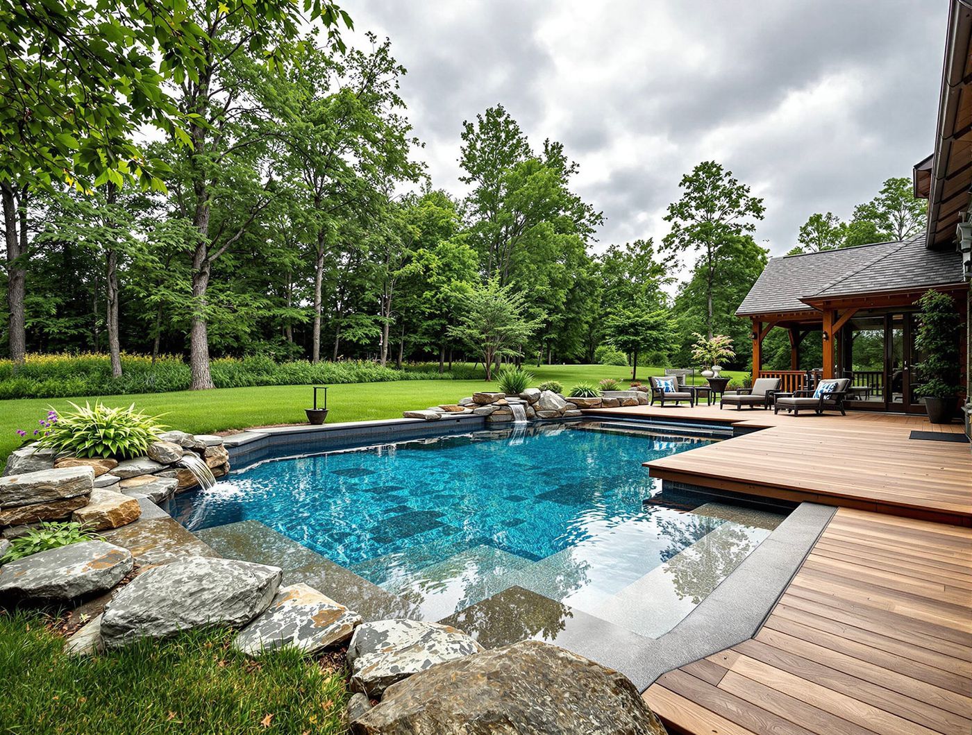 Freeform Pool with Boulder Waterfall and Cabana
