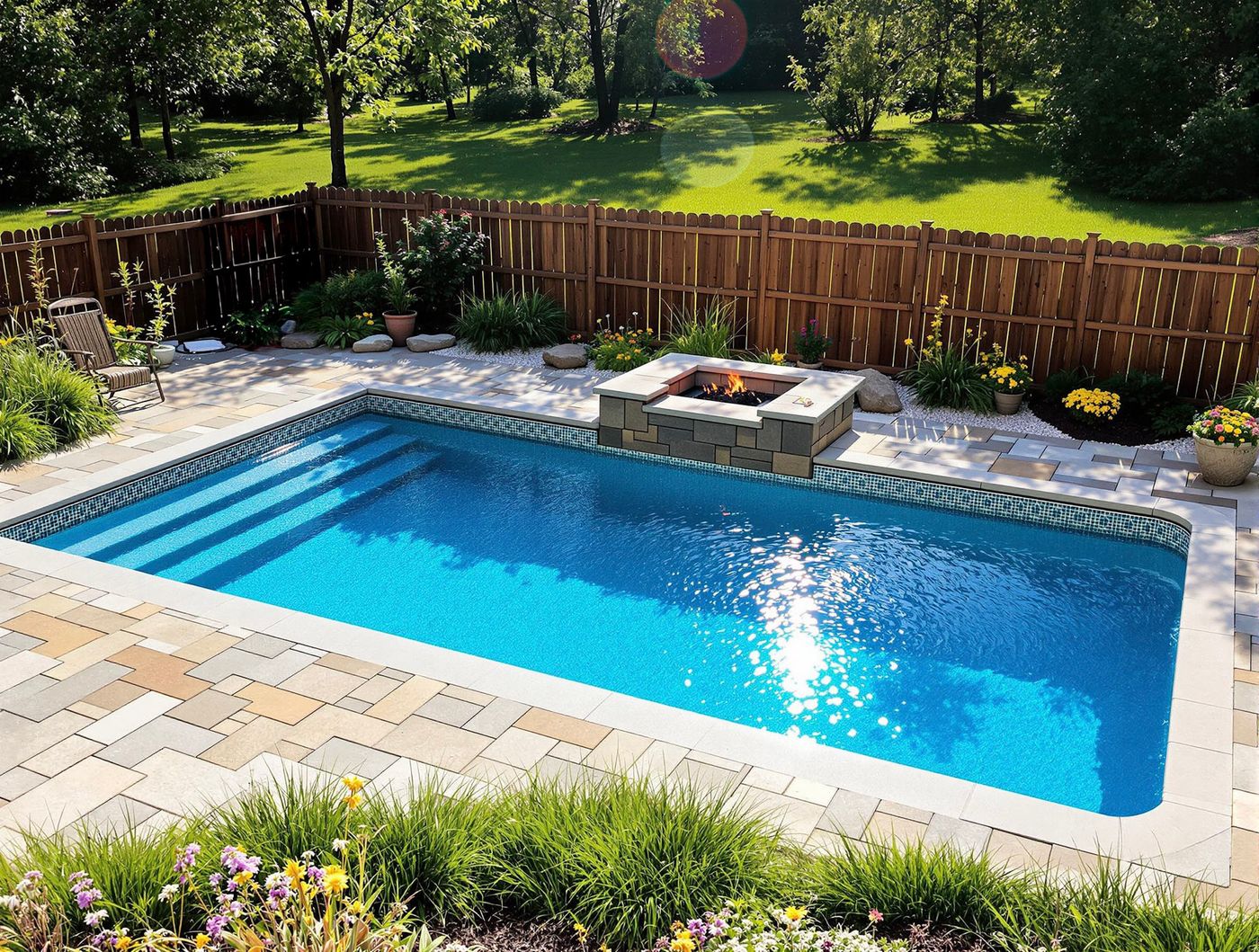 Rectangular Pool with Stone Fire Feature