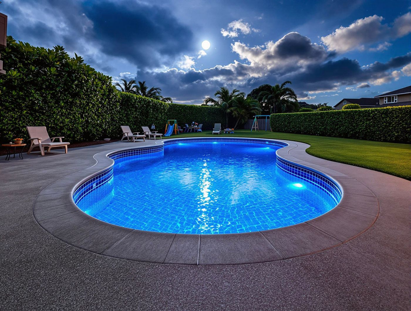 Moonlit Freeform Pool with Glowing Blue Tile