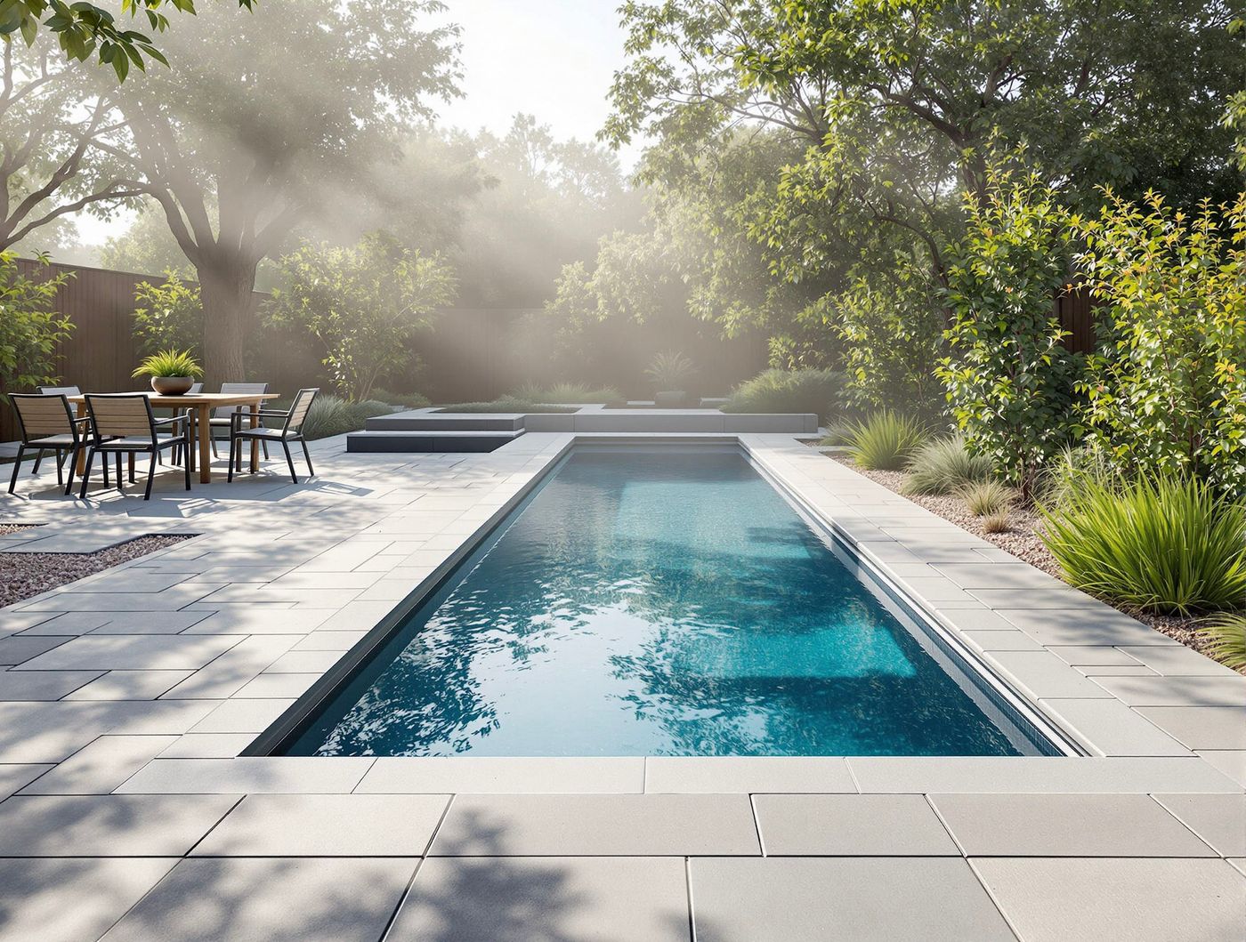 Sunlit Lap Pool in Misty Morning Garden