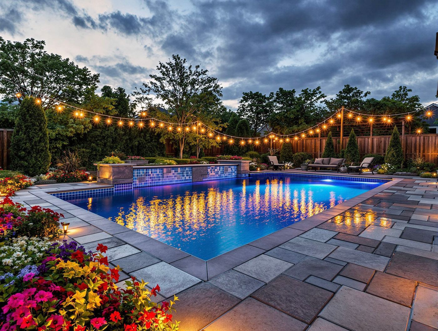 Twilight Pool with Cafe Lights and Raised Spa