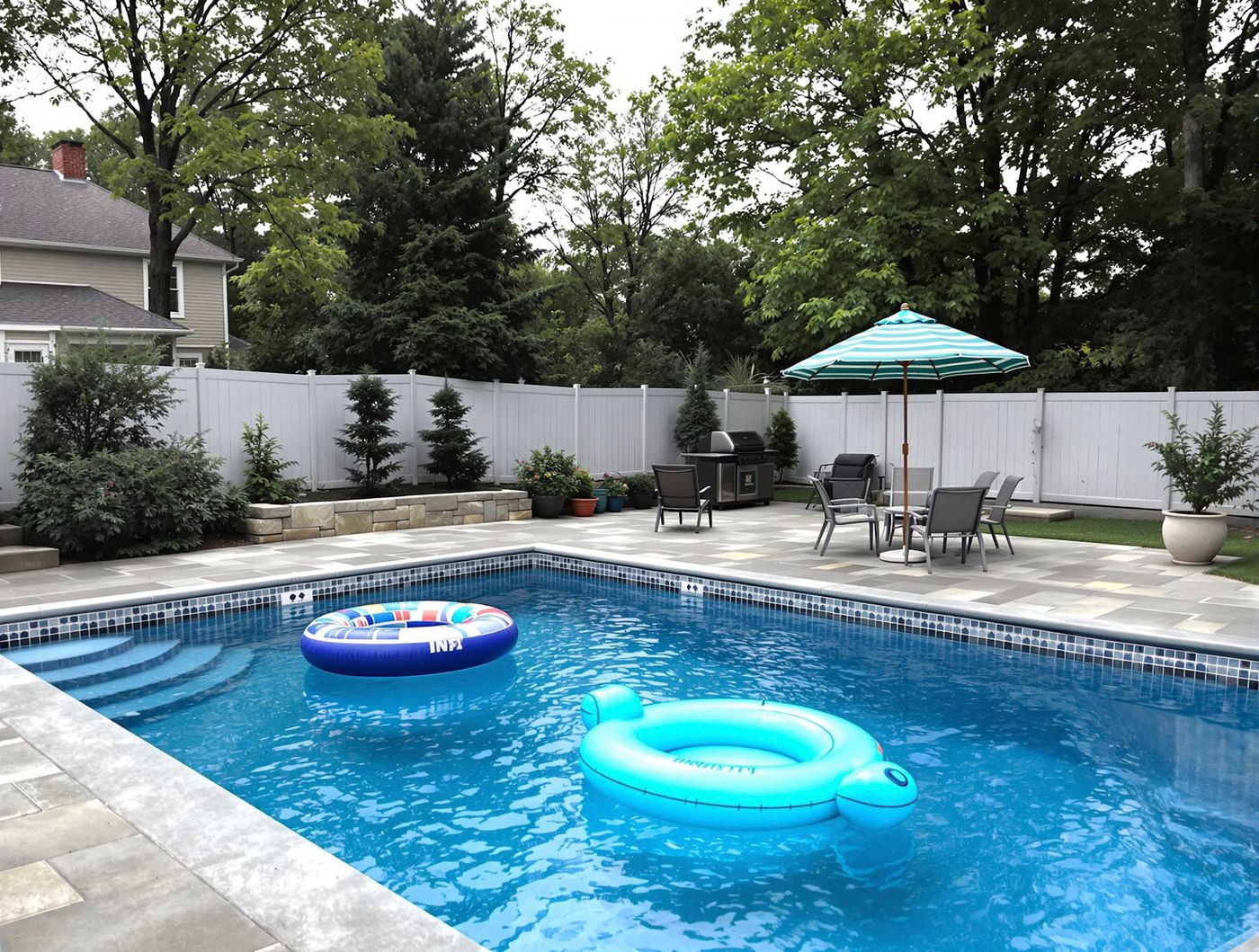 Family Pool with Striped Umbrella and Floats