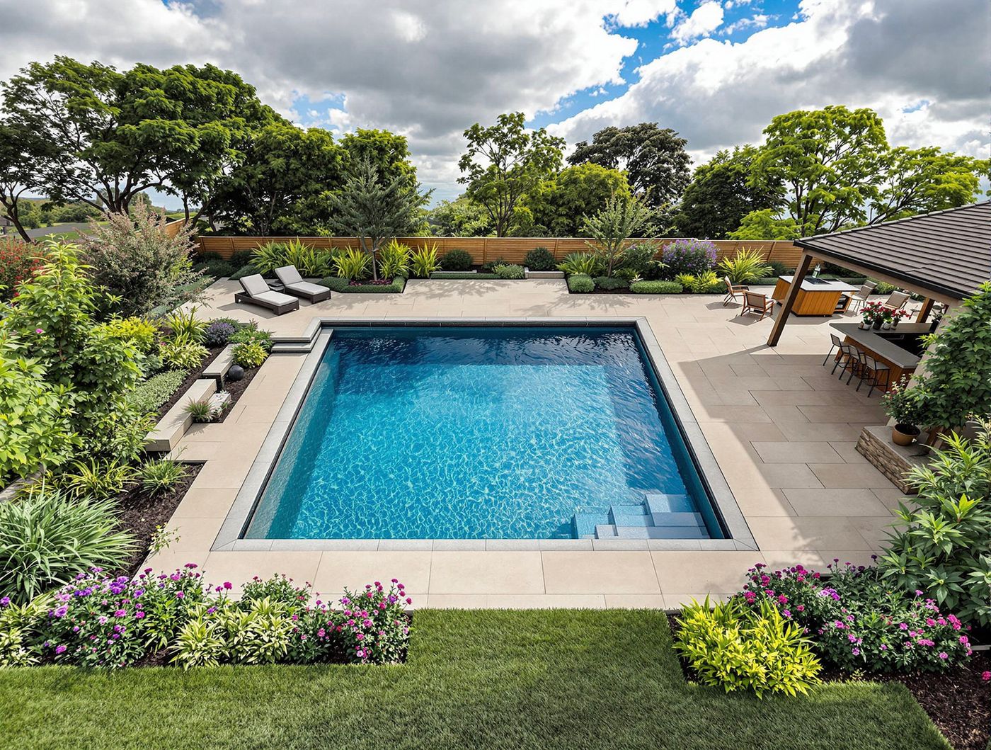 Aerial View of Terraced Backyard Pool and Kitchen