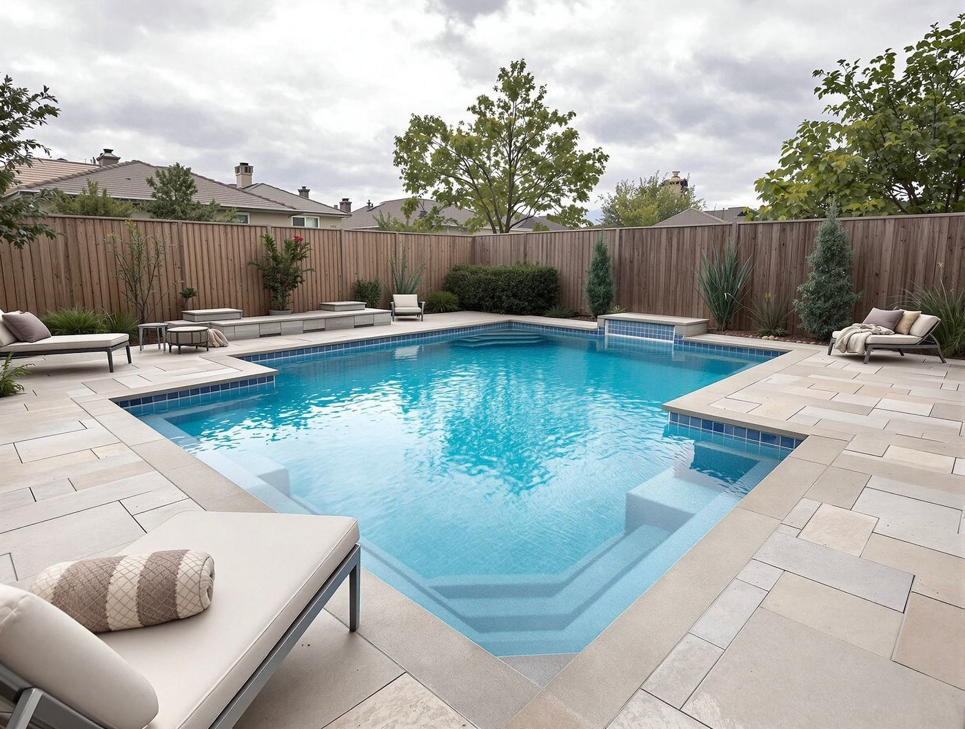 Geometric Pool with Angled Steps and Gray Pavers