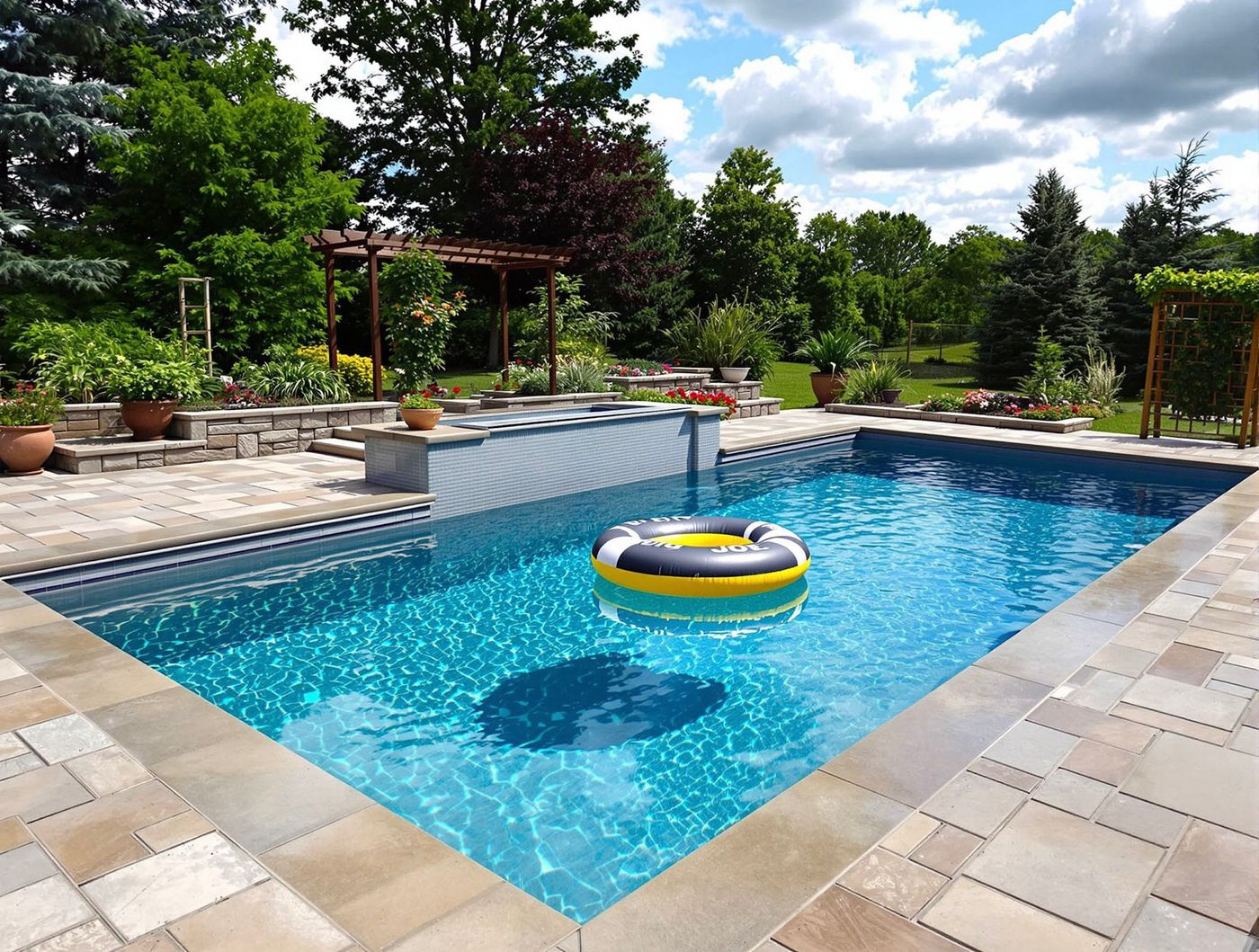 Rectangular Pool with Wood Pergola and Water Feature